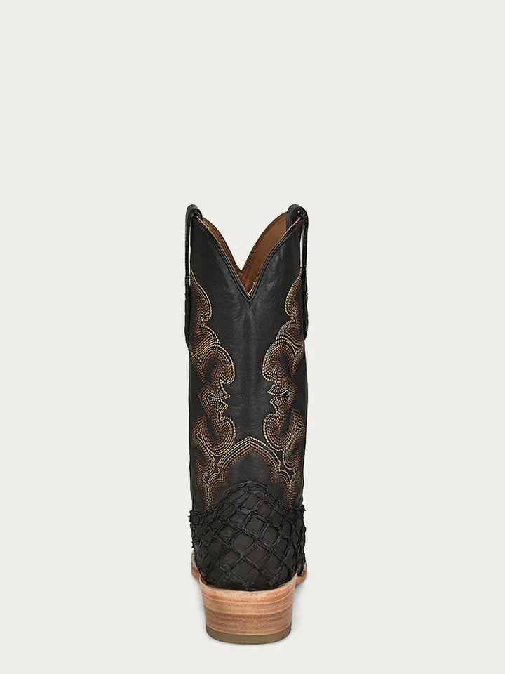 A4339 - MEN'S EMBROIDERY BLACK PIRARUCU FISH HORSEMAN TOE COWBOY BOOT