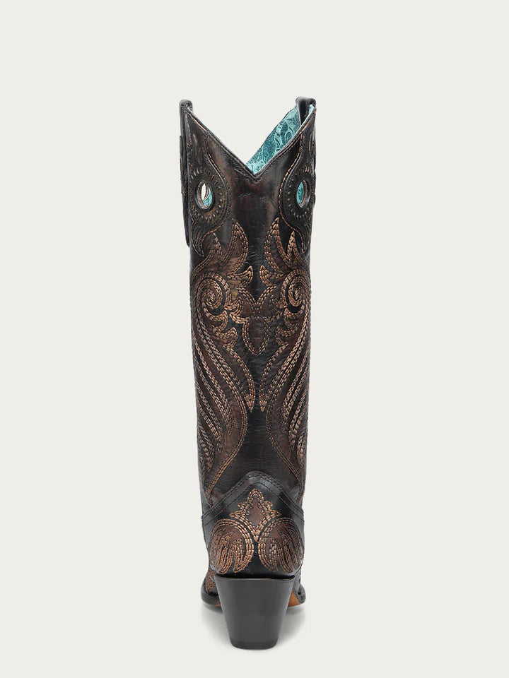 A4814 - WOMEN'S EMBROIDERY AND OVERLAY WITH RUBBER APPLICATIONS BAND BLACKED HONEY SNIP TOE TALL TOP COWBOY BOOT WITH PULL HOLES