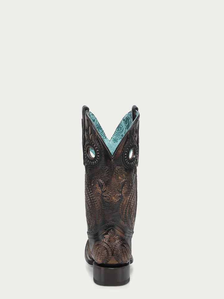 A4841 - WOMEN'S EMBROIDERY AND OVERLAY WITH RUBBER APPLICATIONS BAND BLACKED HONEY WIDE SQUARE TOE COWBOY BOOT WITH PULL HOLES