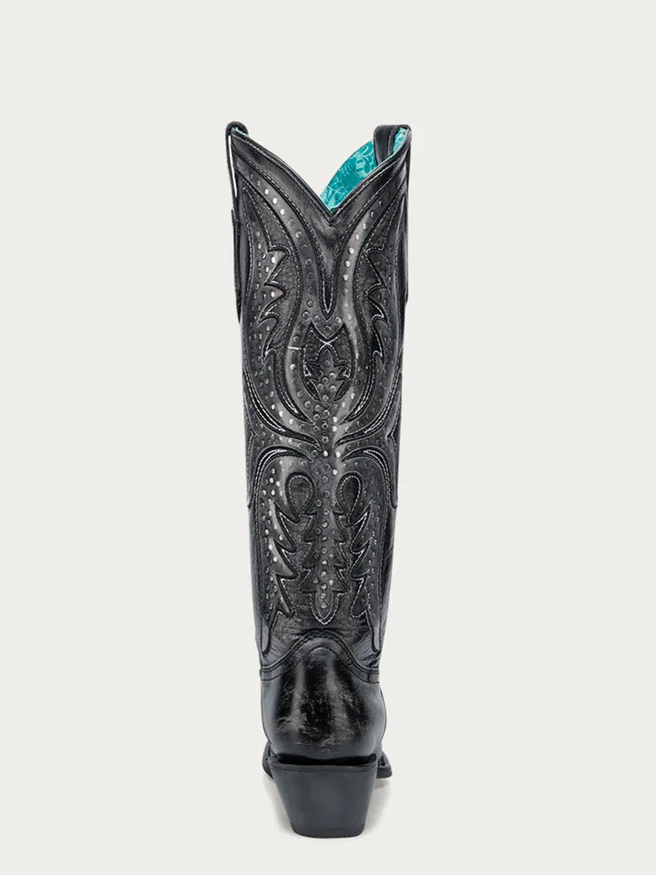A4943 - WOMEN'S BLACK EMBROIDERY OVERLAY AND ENCAPSULATED STUDS TALL TOP SNIP TOE COWBOY BOOT