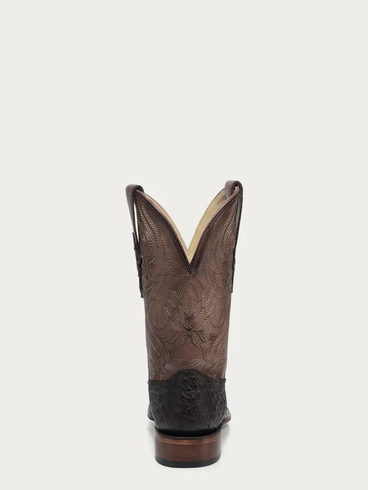 A4973 - MEN'S EMBROIDERY AND OSTRICH BROWN WIDE SQUARE TOE COWBOY BOOT LEATHER SOLE WITH RUBBER INSERT
