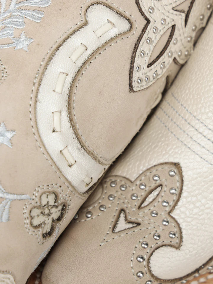 A5069 - WOMEN'S BONE HORSESHOE OVERLAY EMBROIDERY AND HANDWOVEN SNIP TOE COWBOY BOOT