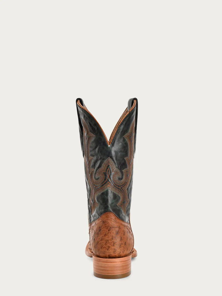 A4533 - MEN'S EMBROIDERY AND TAN OSTRICH VAMP AND COUNTER OLIVE GREEN WIDE SQUARE-TOE COWBOY BOOT