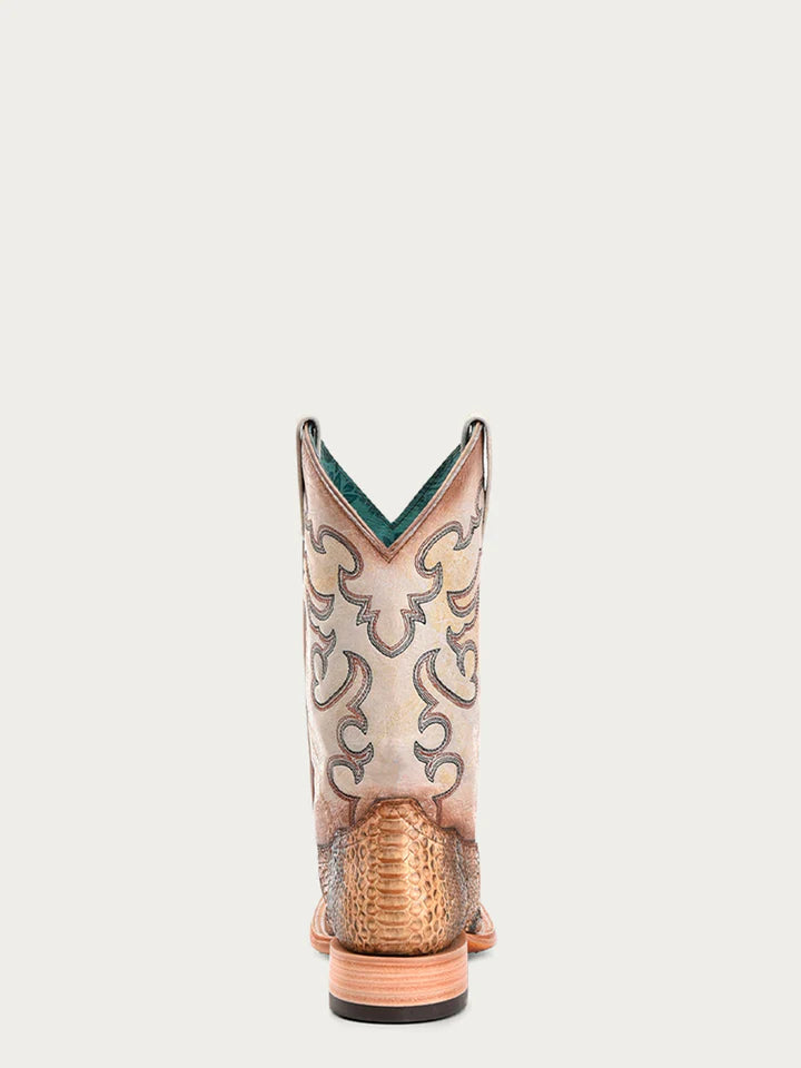 B5007 - WOMEN'S EMBROIDERY GENUINE TAUPE-BEIGE PYTHON VAMP WIDE SQUARE TOE COWBOY BOOTS