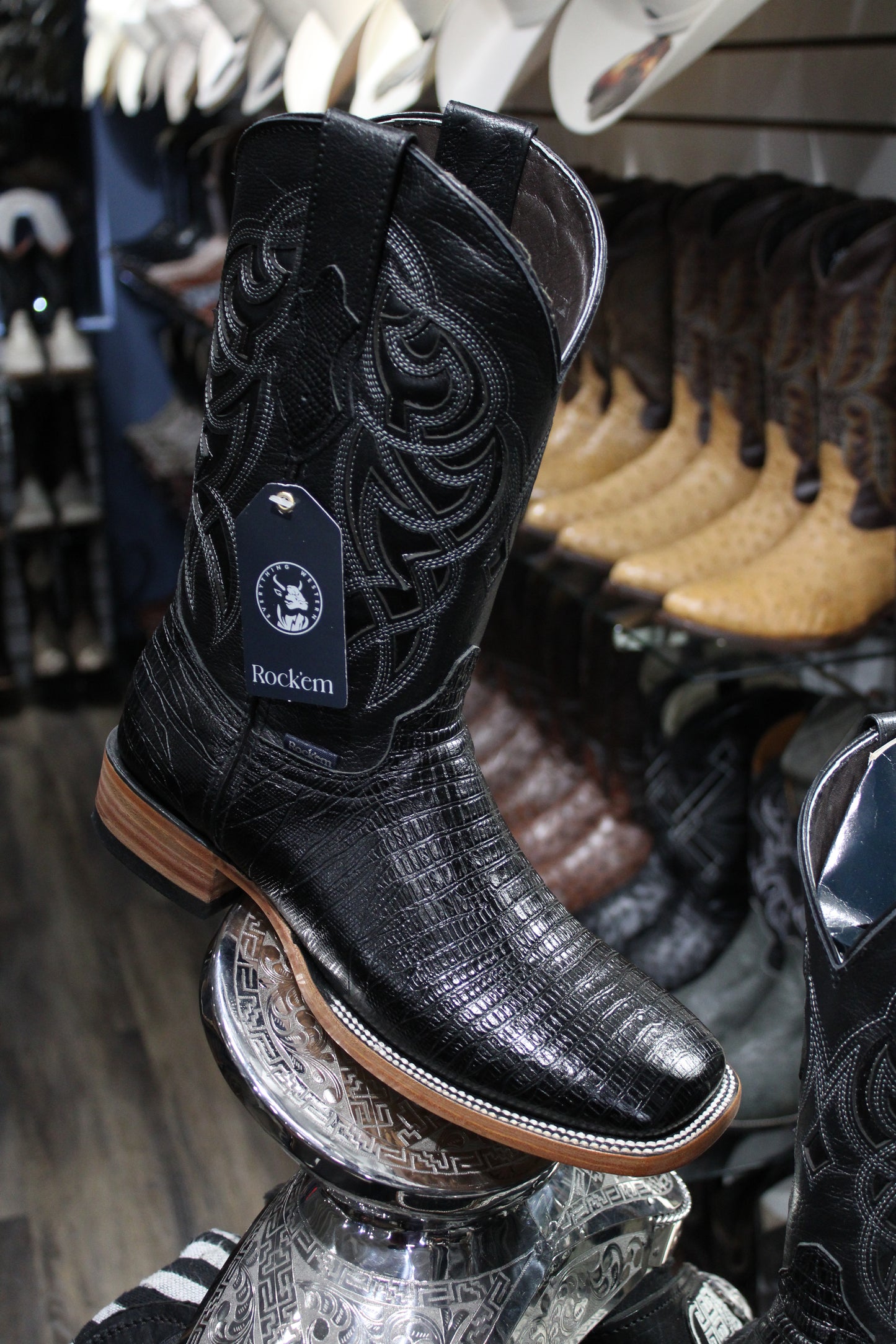 Lizard Square Toe Cowboy Boot - Black
