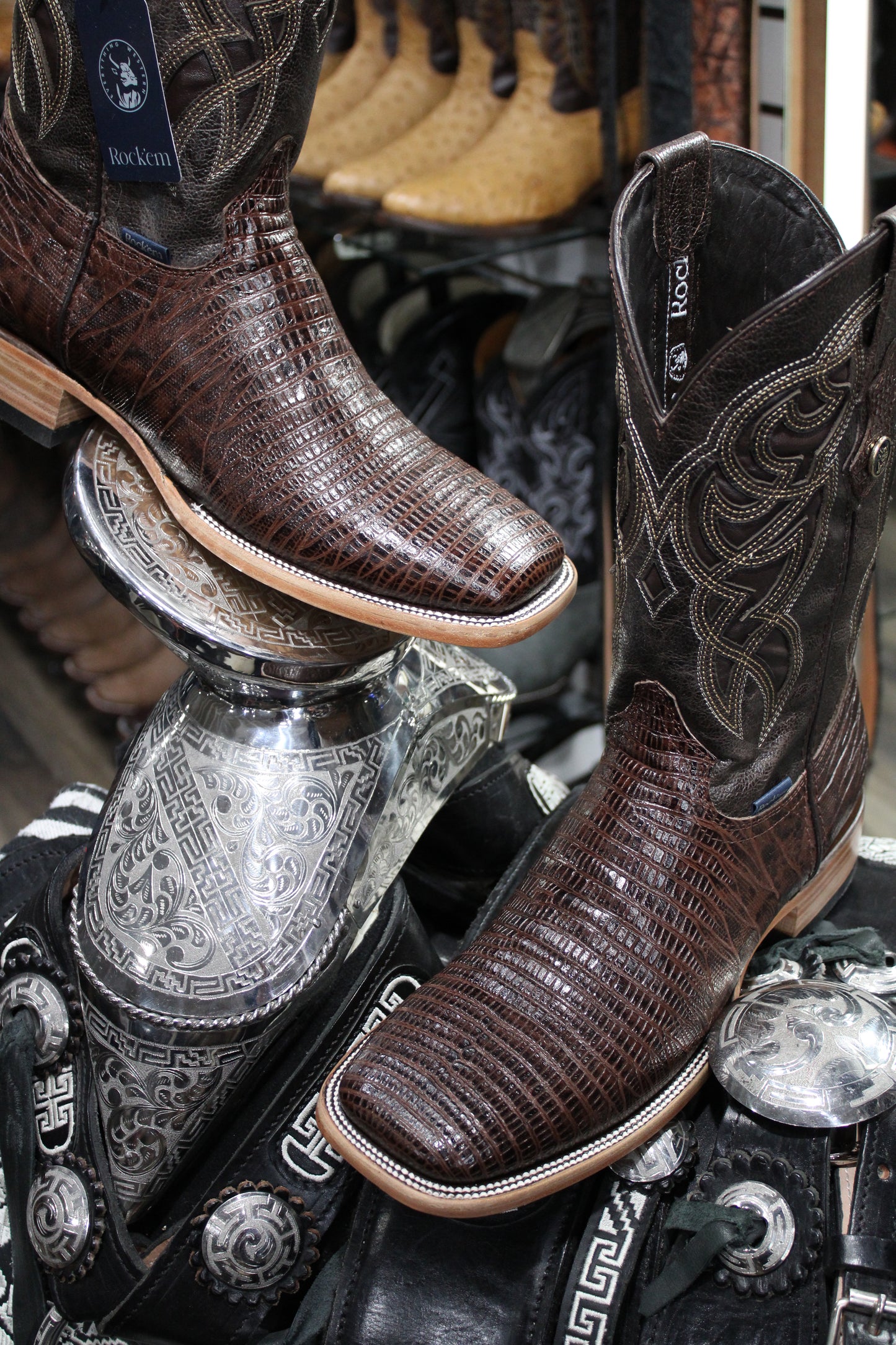 Lizard Square Toe Cowboy Boot - Cafe