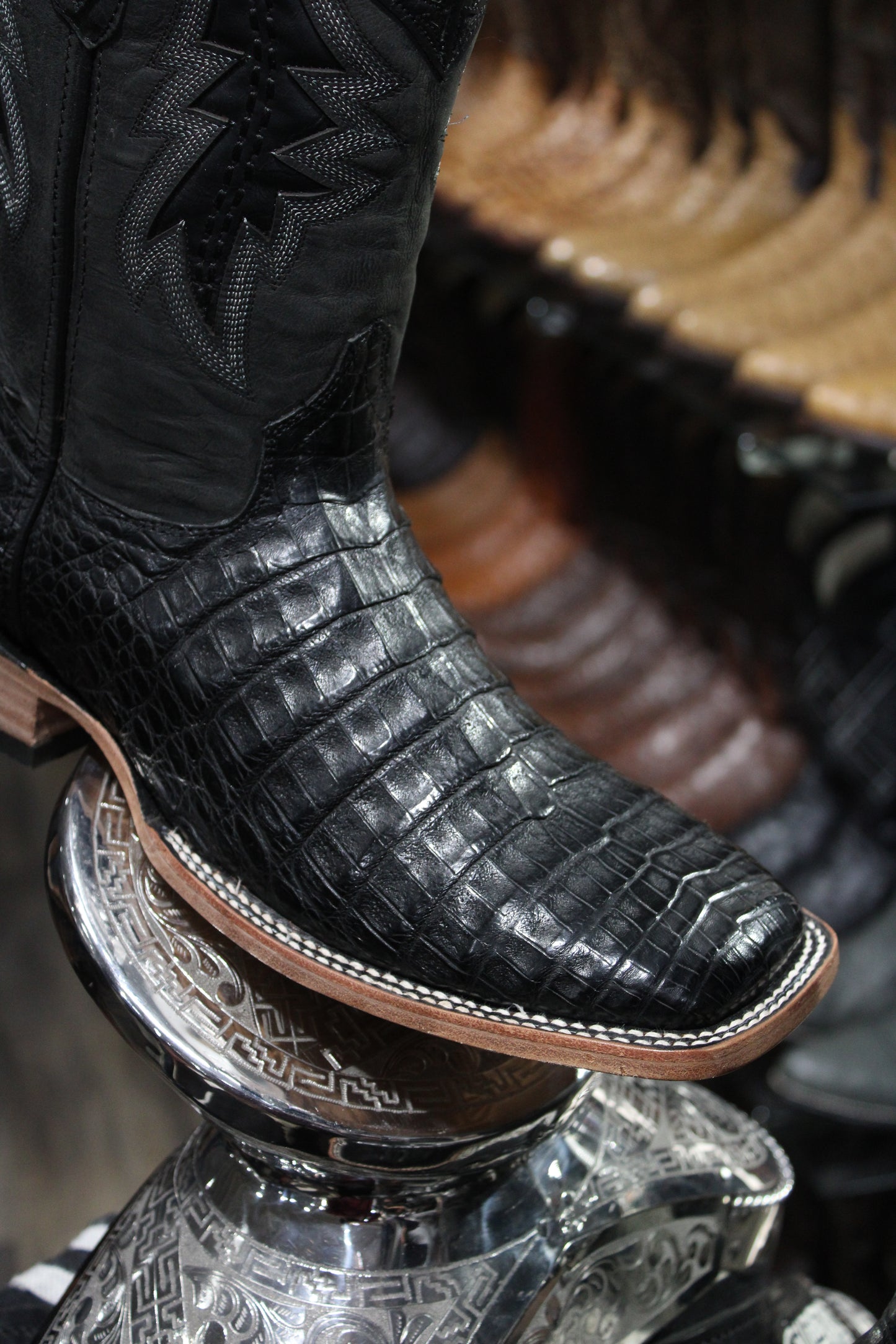 Exotic Caiman Belly Square Toe Cowboy Boot - Negro
