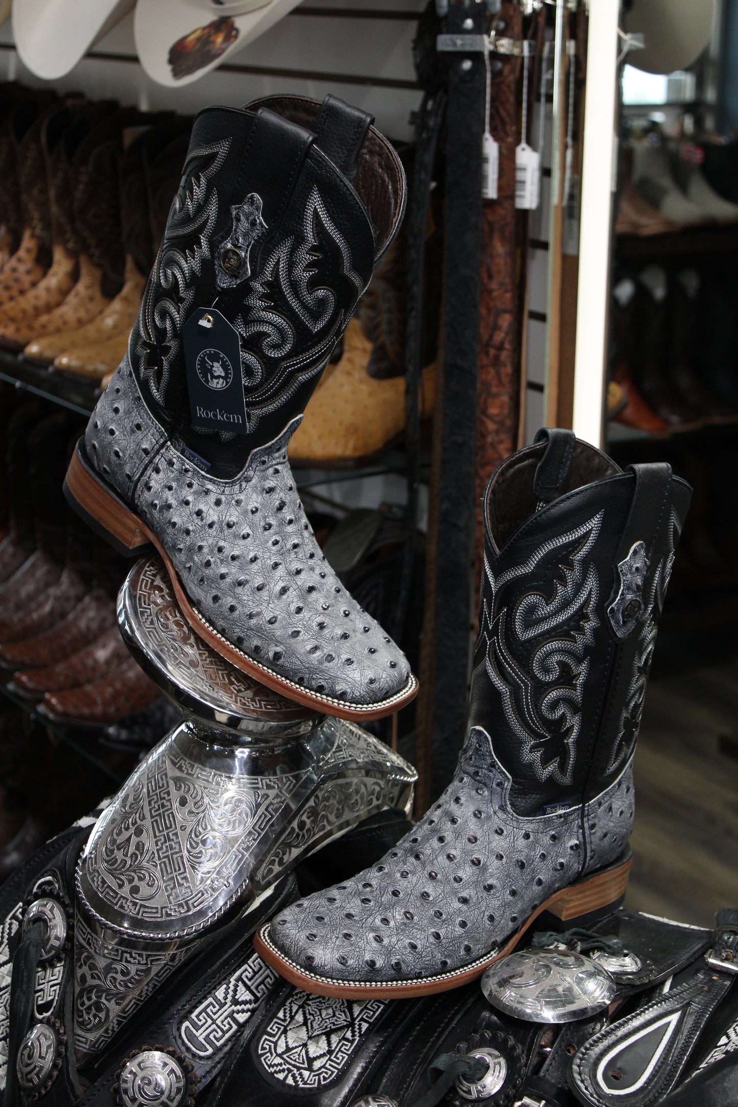 Ostrich Matte Rustic Square Toe Cowboy Boot - Black Safari