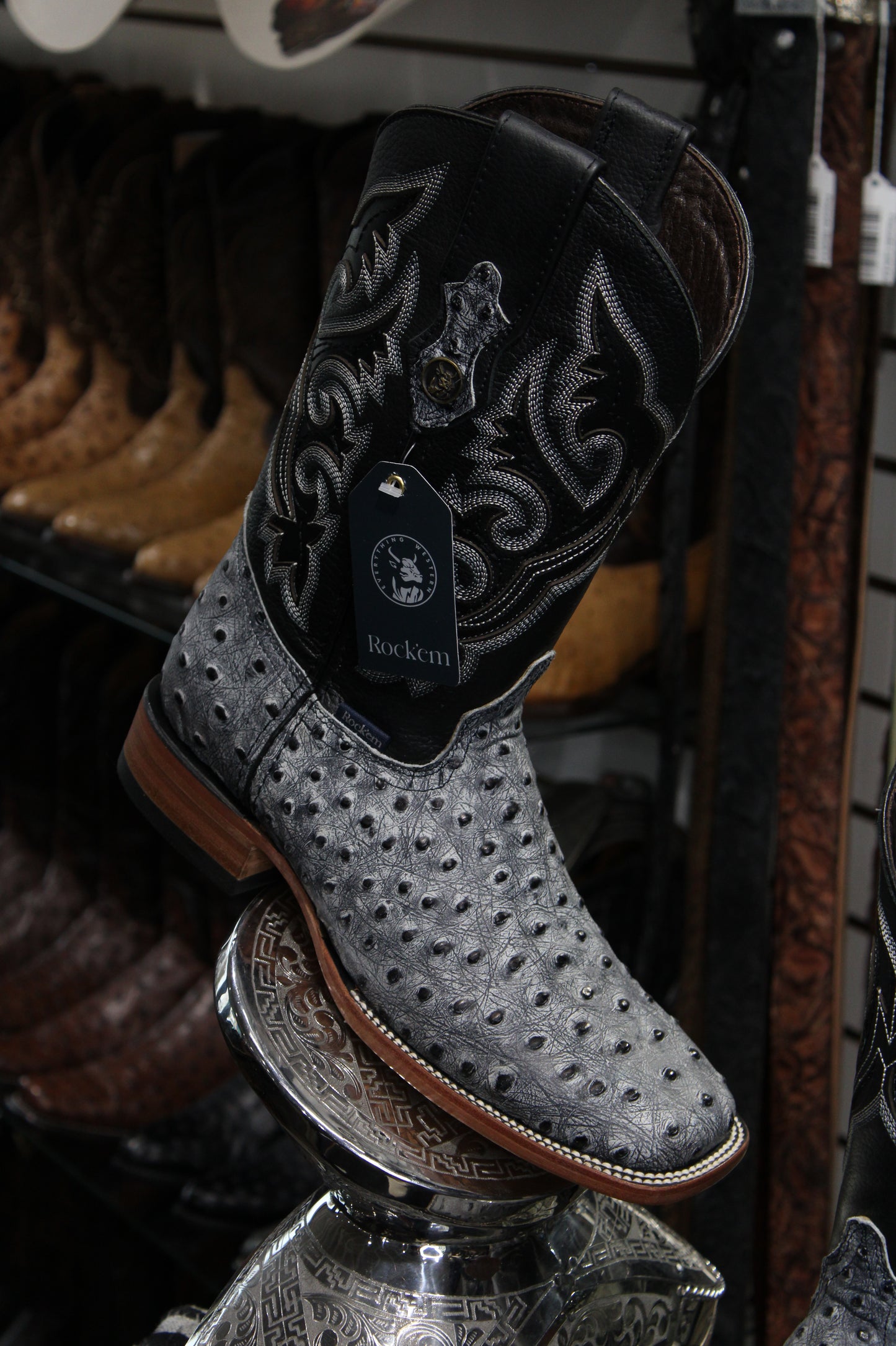 Ostrich Matte Rustic Square Toe Cowboy Boot - Black Safari