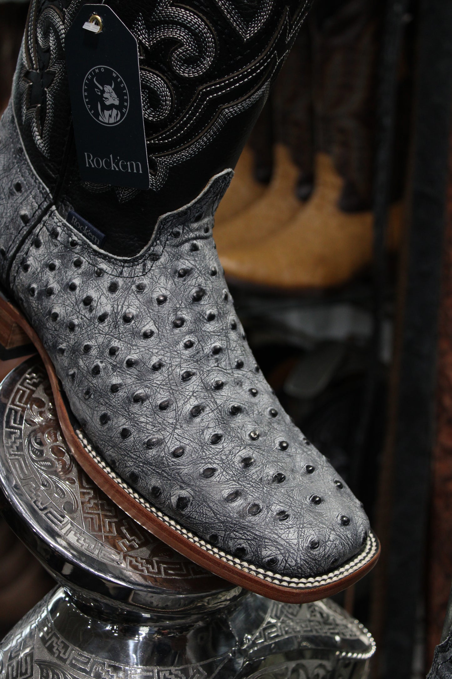 Ostrich Matte Rustic Square Toe Cowboy Boot - Black Safari