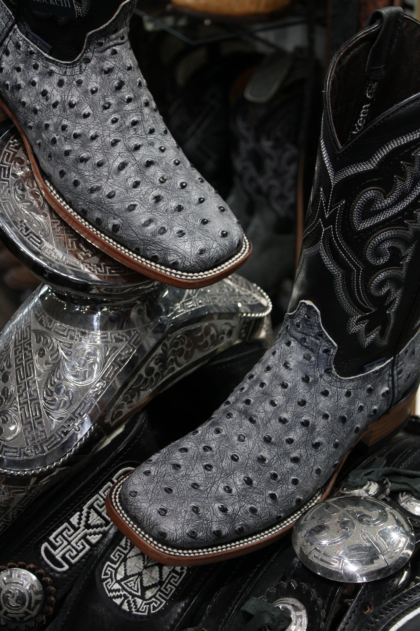 Ostrich Matte Rustic Square Toe Cowboy Boot - Black Safari