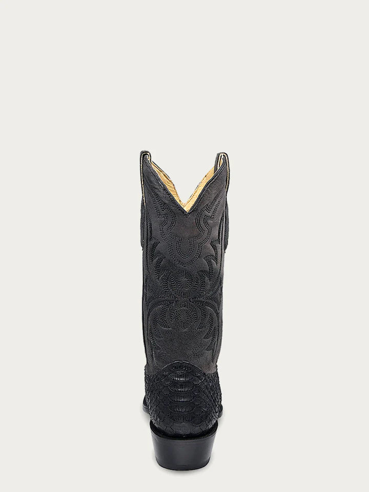 A4551 - MEN'S EMBROIDERY AND GENUINE PYTHON BLACK NARROW SQUARE TOE COWBOY BOOT