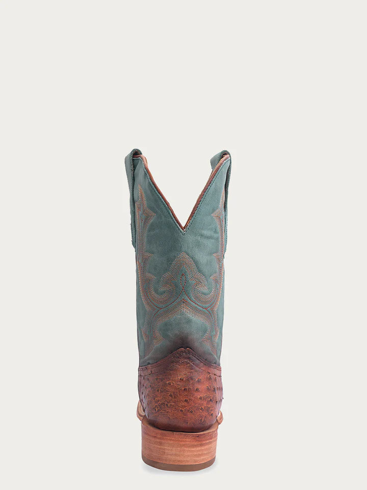A4500 - MEN'S EMBROIDERY COGNAC FULL QUILL OSTRICH WIDE SQUARE TOE NAVY BLUE COWBOY BOOT