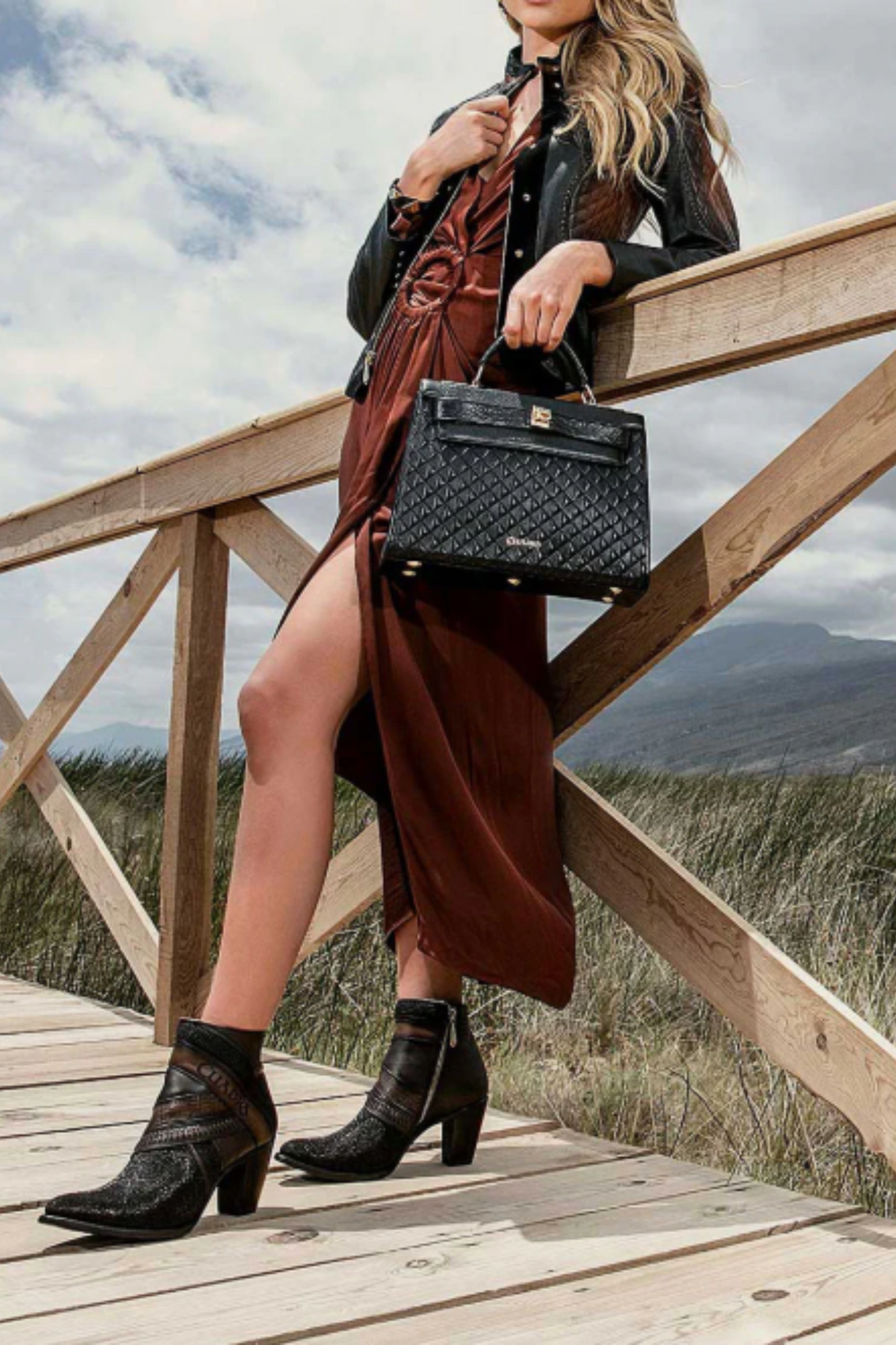 Handwoven Black Exotic Leather Ankle Bootie