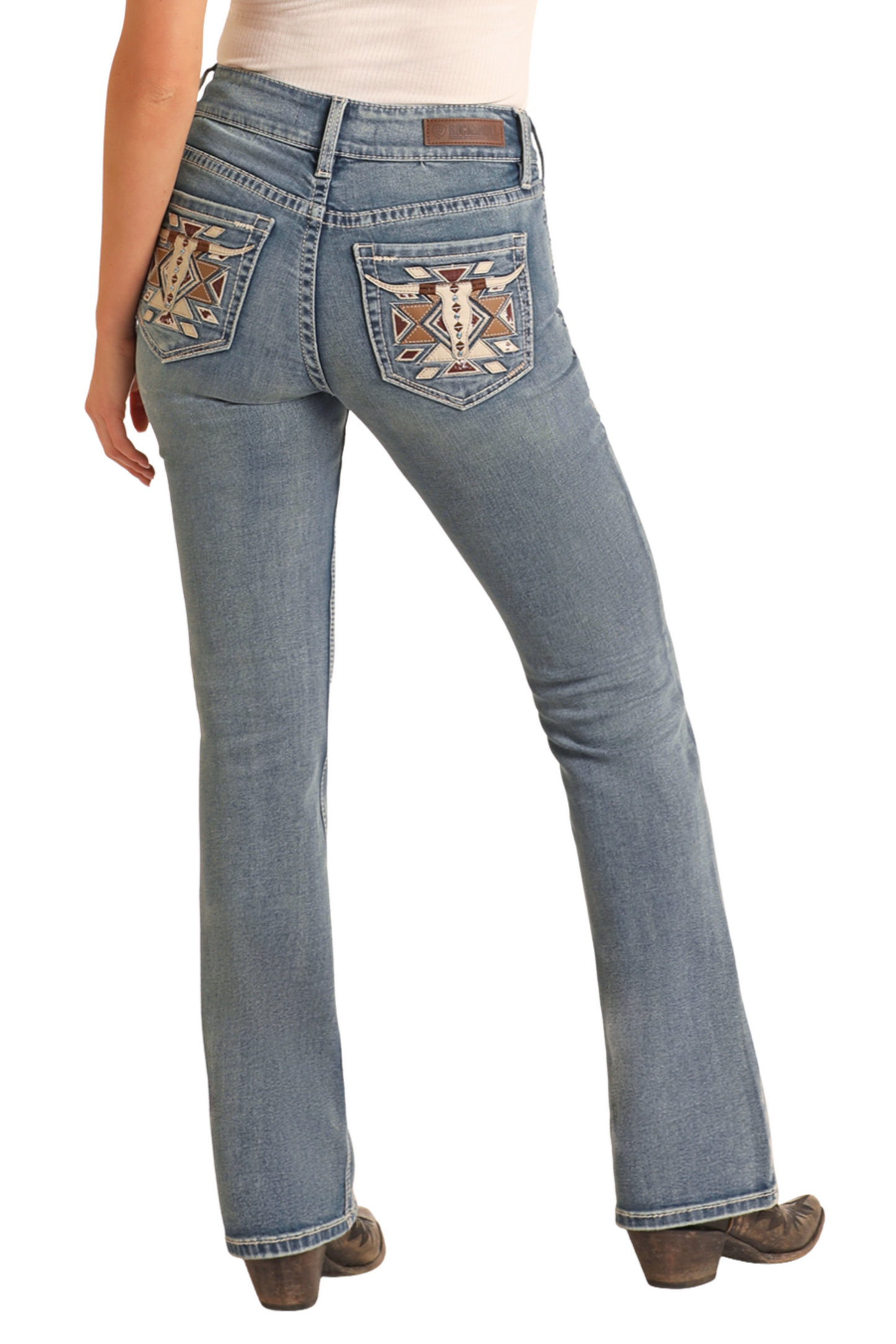 Mid Rise Steer Head Embroidered Bootcut Jeans