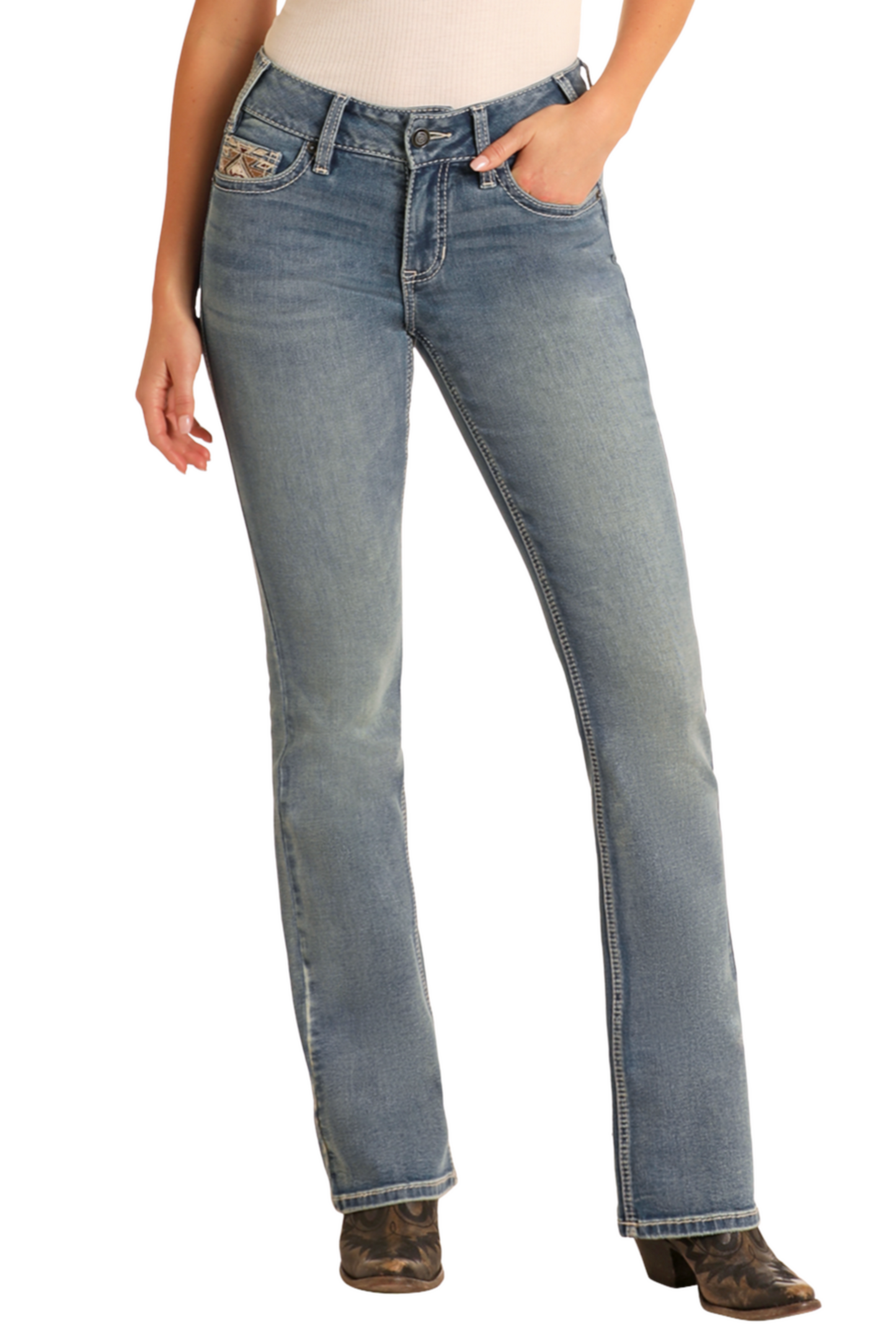 Mid Rise Steer Head Embroidered Bootcut Jeans