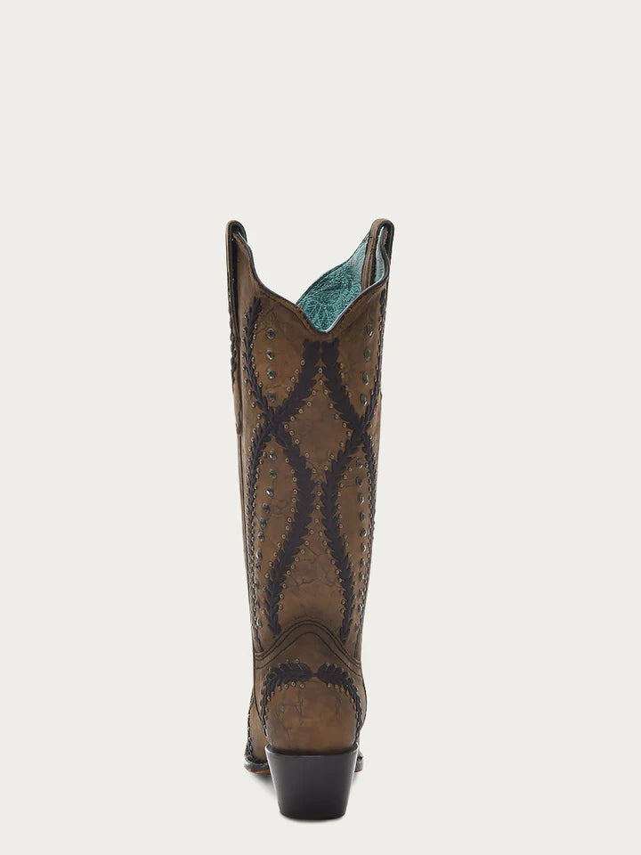 Z5247 - WOMEN'S BLACK EMBROIDERY WITH CRYSTALS AND STUDS BROWN SNIP TOE COWBOY BOOT