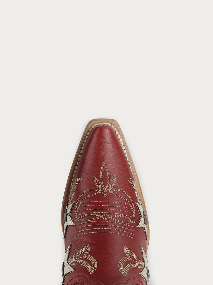 Z5540 - WOMEN'S RED EMBROIDERY STARS OVERLAY AND STUDS SNIP TOE COWBOY BOOT