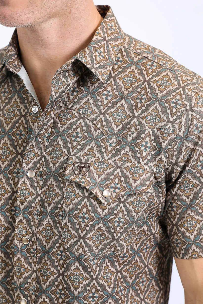 Mens Performance Western Short Sleeve Aztec Print Brown Shirt