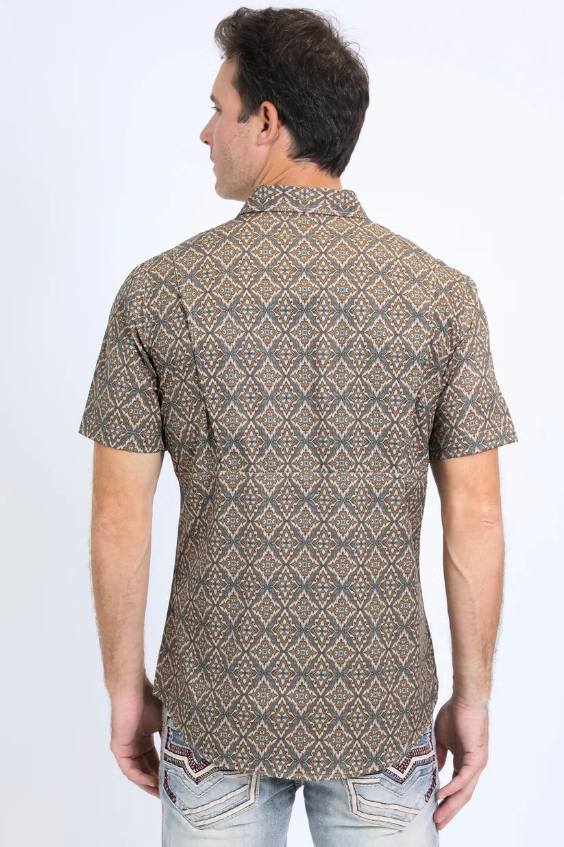 Mens Performance Western Short Sleeve Aztec Print Brown Shirt