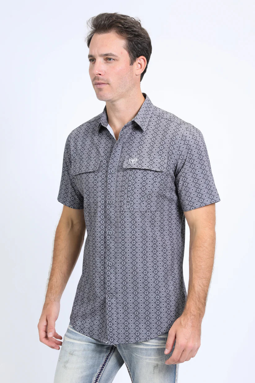 Mens Performance Western Short Sleeve Aztec Print Grey Shirt
