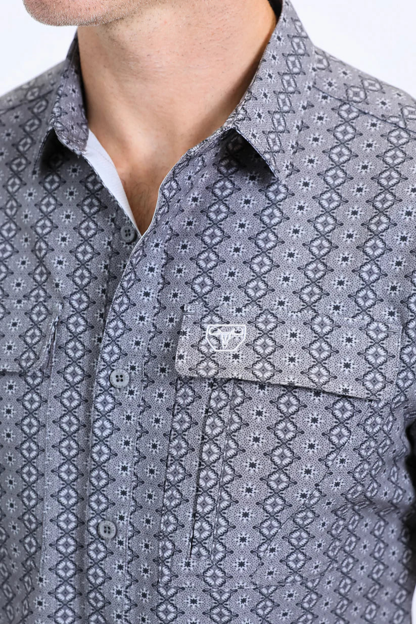 Mens Performance Western Short Sleeve Aztec Print Grey Shirt