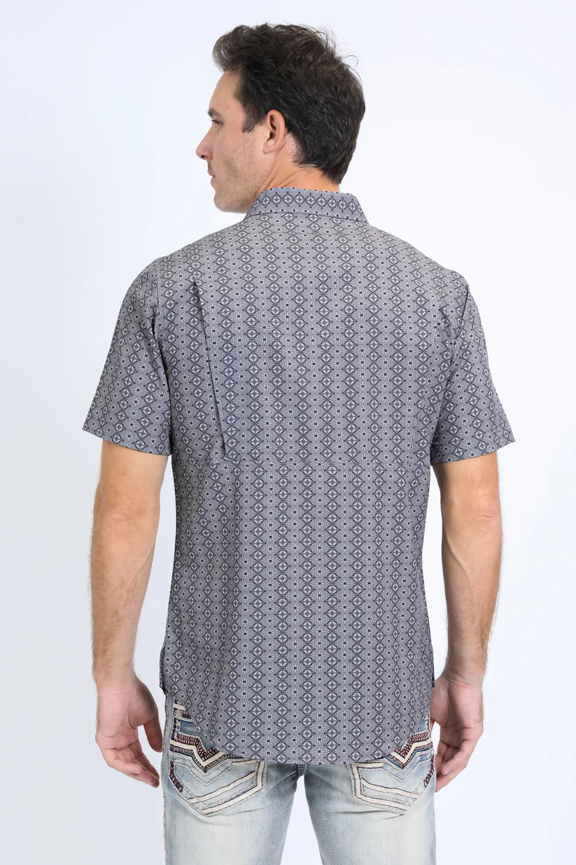 Mens Performance Western Short Sleeve Aztec Print Grey Shirt