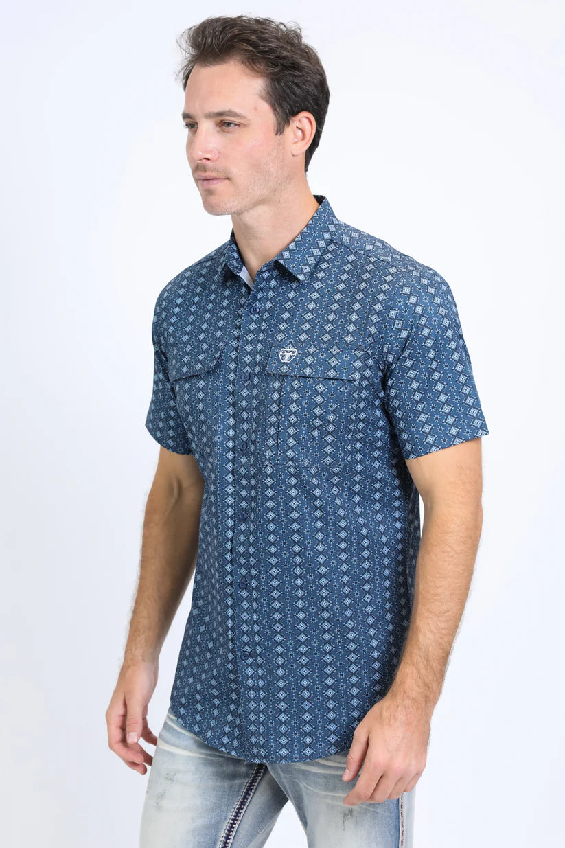 Mens Performance Western Short Sleeve Aztec Print Navy Shirt