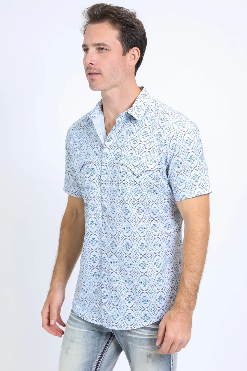 Mens Performance Western Short Sleeve Aztec Print White Shirt