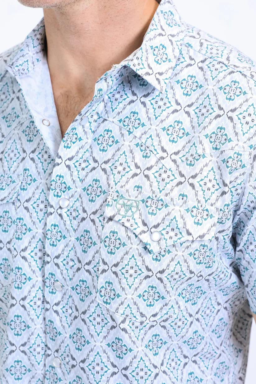 Mens Performance Western Short Sleeve Aztec Print White Shirt
