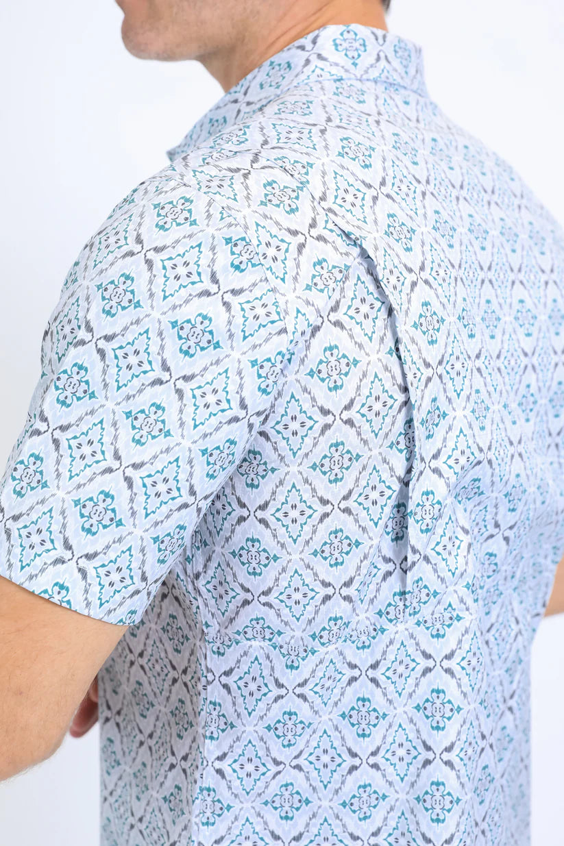 Mens Performance Western Short Sleeve Aztec Print White Shirt