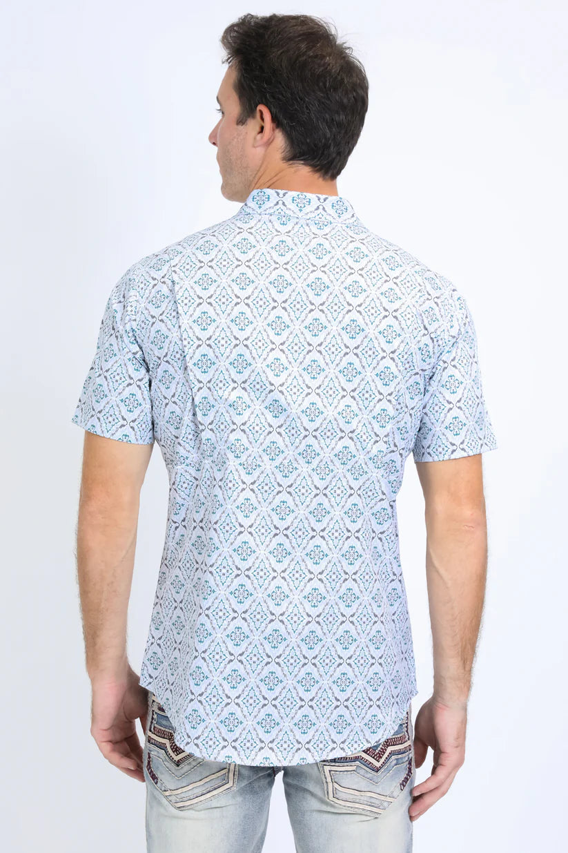 Mens Performance Western Short Sleeve Aztec Print White Shirt