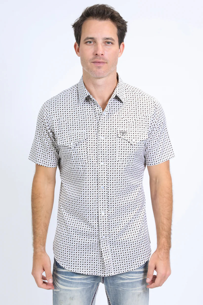 Mens Performance Western Short Sleeve Aztec Print White Shirt