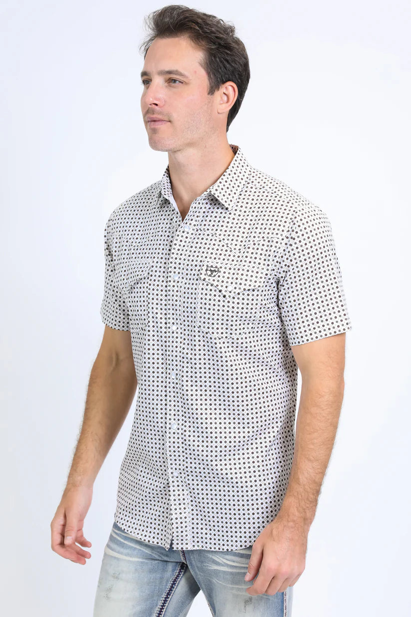Mens Performance Western Short Sleeve Aztec Print White Shirt