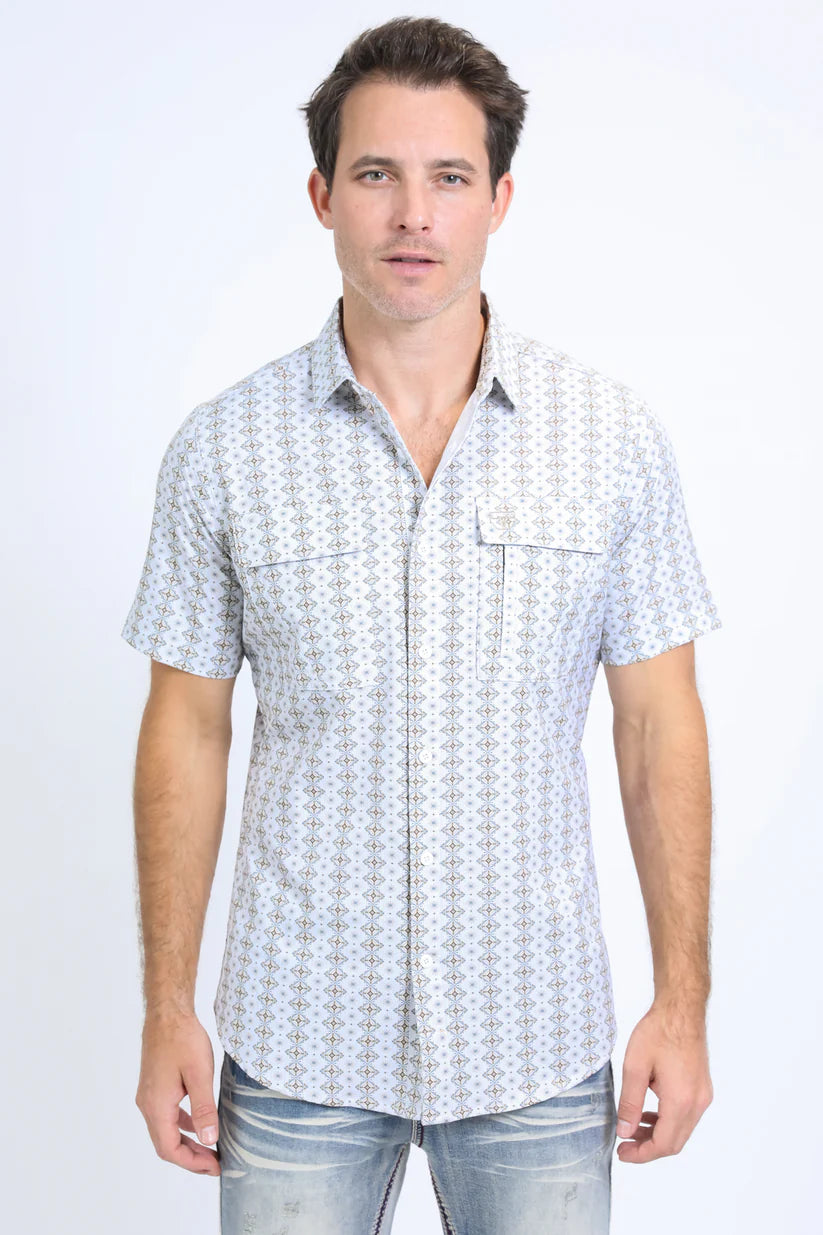 Mens Performance Western Short Sleeve Aztec Print White Shirt