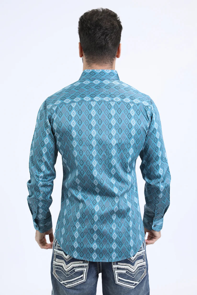 Mens Satin Cotton Modern Fit Navy Long Sleeve Turquoise Shirt