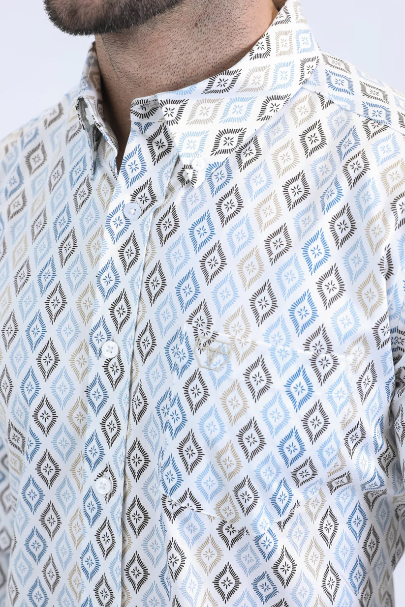 Mens Satin Cotton Modern Fit Navy Long Sleeve White Shirt