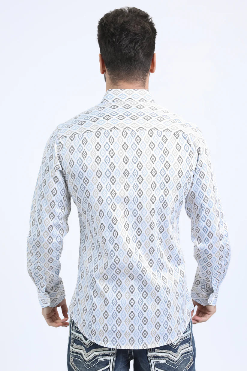 Mens Satin Cotton Modern Fit Navy Long Sleeve White Shirt