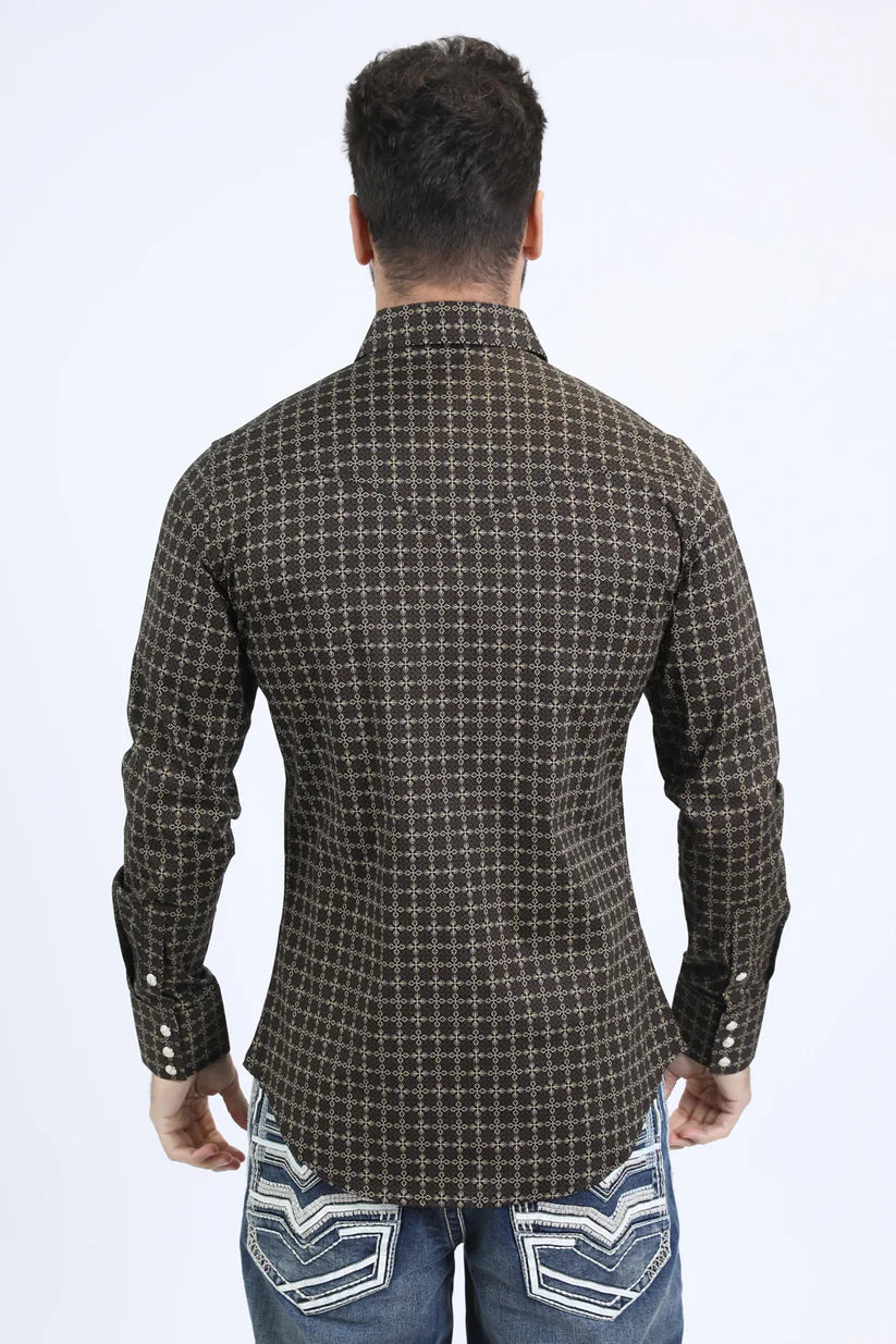 Mens Western Modern Fit Cotton/Spandex Long Sleeve Black Shirt with Snaps