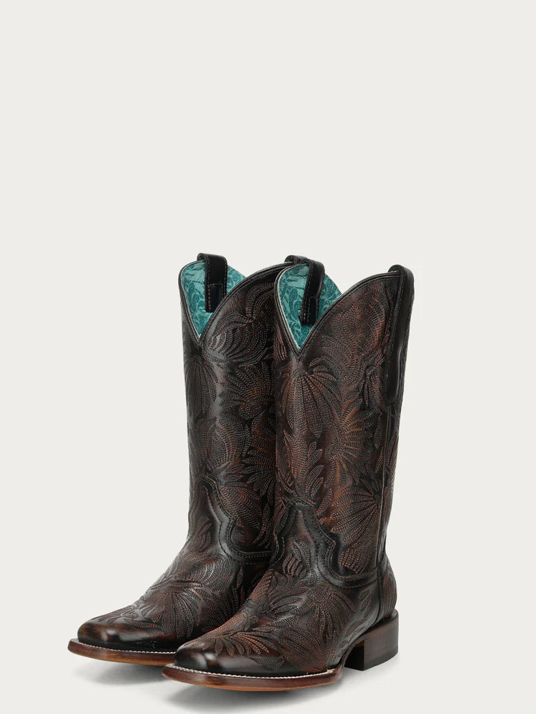 A4848 - WOMEN'S BLACK HONEY FLORAL PETAL EMBROIDERY SQUARE TOE COWBOY BOOTS