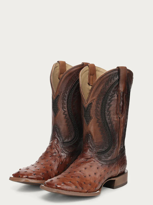 A5111 - MEN'S COGNAC OSTRICH INLAY AND EMBROIDERY WIDE SQ. TOE COWBOY BOOT