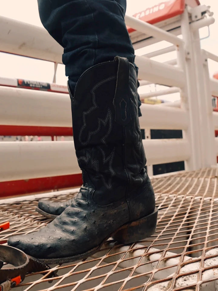 A4549 - MEN'S EMBROIDERY AND OSTRICH BLACK NARROW SQUARE TOE COWBOY BOOT
