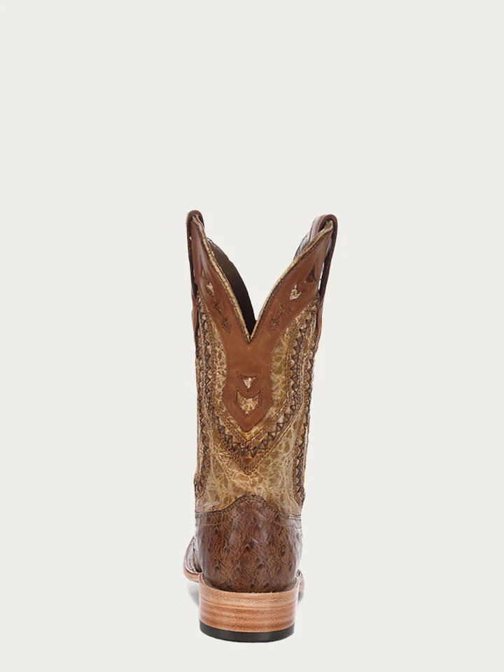 A4008 - MEN'S BROWN EMBROIDERY WITH WOVEN DETAIL AND OVERLAY FULL QUILL OSTRICH SQUARE TOE COWBOY BOOT