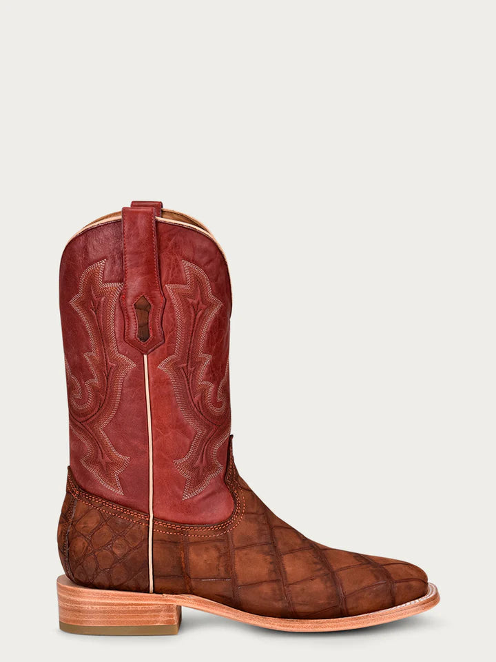 A4222 - MEN'S EMBROIDERY COGNAC ALLIGATOR VAMP AND COUNTER RED WIDE SQUARE-TOE COWBOY BOOT