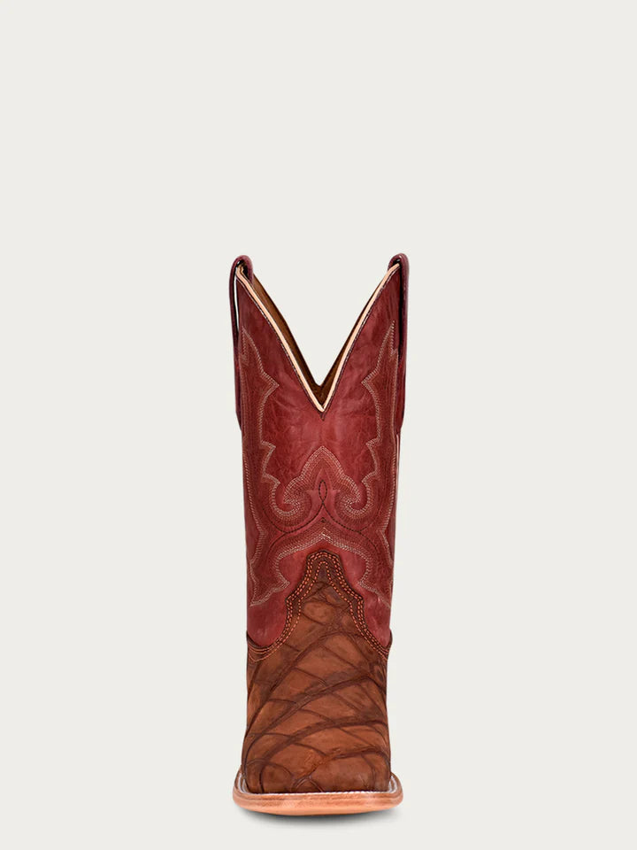 A4222 - MEN'S EMBROIDERY COGNAC ALLIGATOR VAMP AND COUNTER RED WIDE SQUARE-TOE COWBOY BOOT
