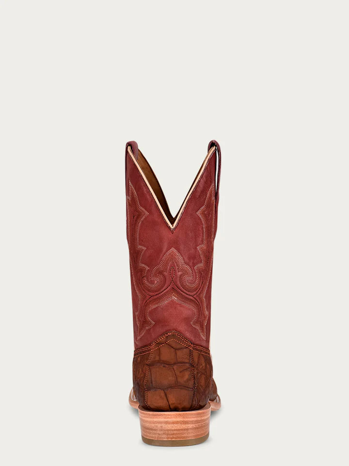 A4222 - MEN'S EMBROIDERY COGNAC ALLIGATOR VAMP AND COUNTER RED WIDE SQUARE-TOE COWBOY BOOT