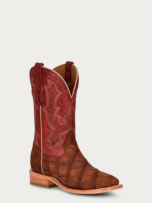 A4222 - MEN'S EMBROIDERY COGNAC ALLIGATOR VAMP AND COUNTER RED WIDE SQUARE-TOE COWBOY BOOT