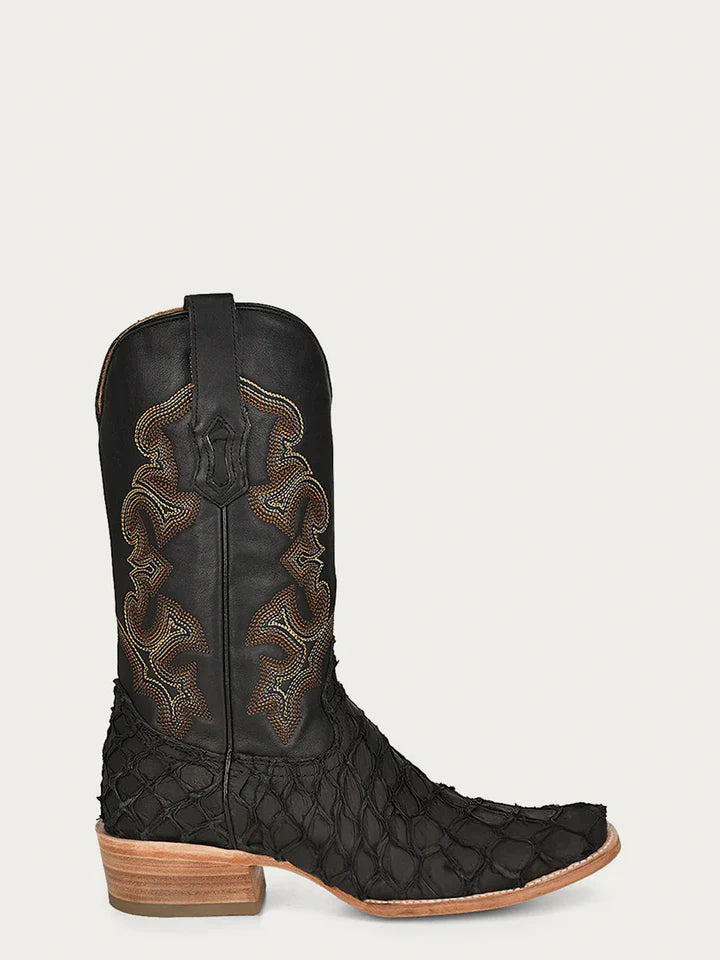 A4339 - MEN'S EMBROIDERY BLACK PIRARUCU FISH HORSEMAN TOE COWBOY BOOT