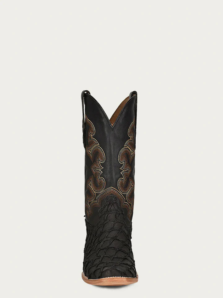 A4339 - MEN'S EMBROIDERY BLACK PIRARUCU FISH HORSEMAN TOE COWBOY BOOT
