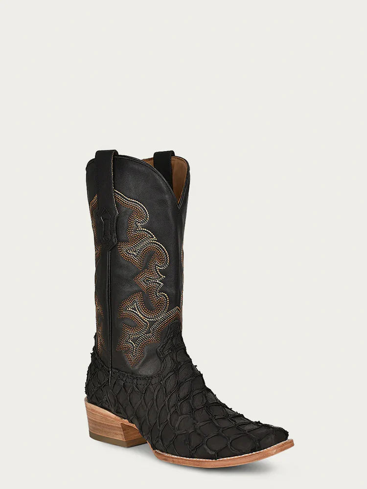 A4339 - MEN'S EMBROIDERY BLACK PIRARUCU FISH HORSEMAN TOE COWBOY BOOT